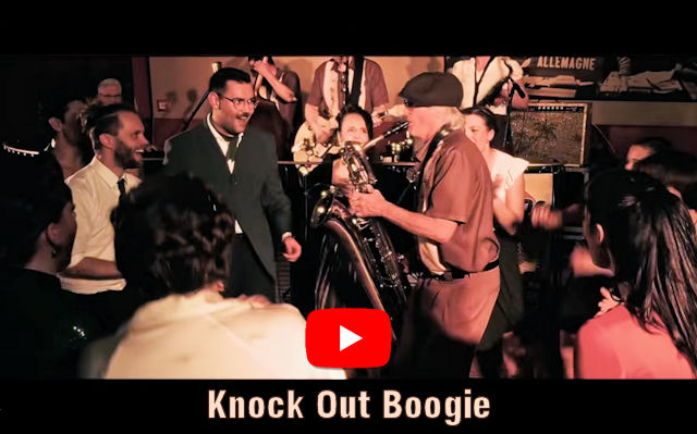 Man sieht Tänzer ausgelassen tanzen, in ihrer Mitte ein Saxophonist. Darunter steht der Songtitel "Knockout Boogie" mit dem YouTube Logo darüber.
